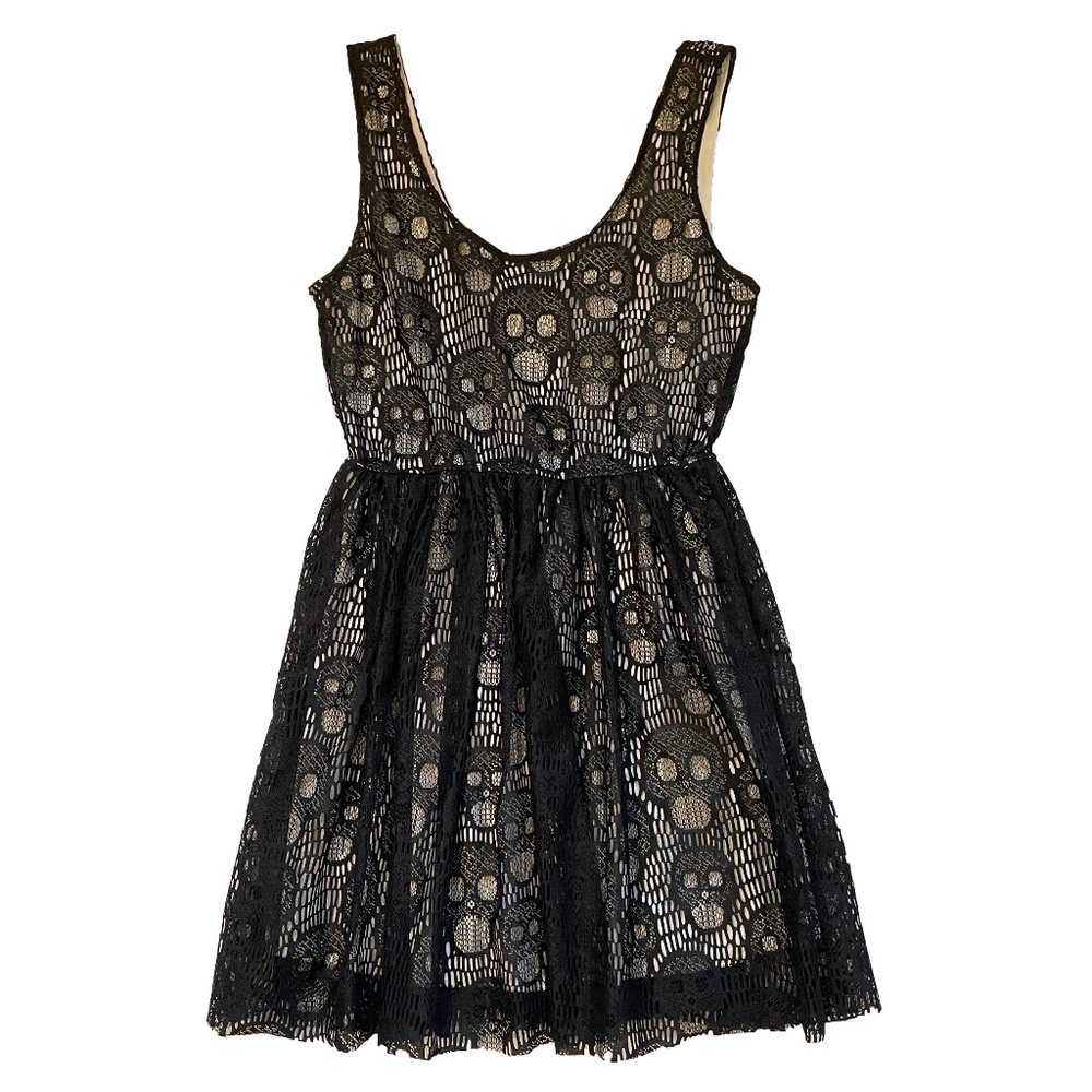 BNWT Audrey 3+1 Black Lace Skull Patterned Mini Dress w/ Ivory Lining Size S